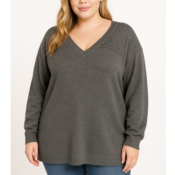 Catherines Studded Shimmer Knit Sweater Gray Silver V-Neck Plus Size 3X - Picture 1 of 11